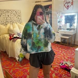 Boutique Custom Hand TieDye Drawstring Cropped Hoodie